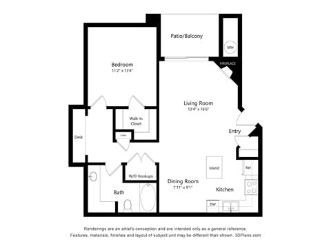 Floor plan for 1 bed, 1 bath, 831 sqft
